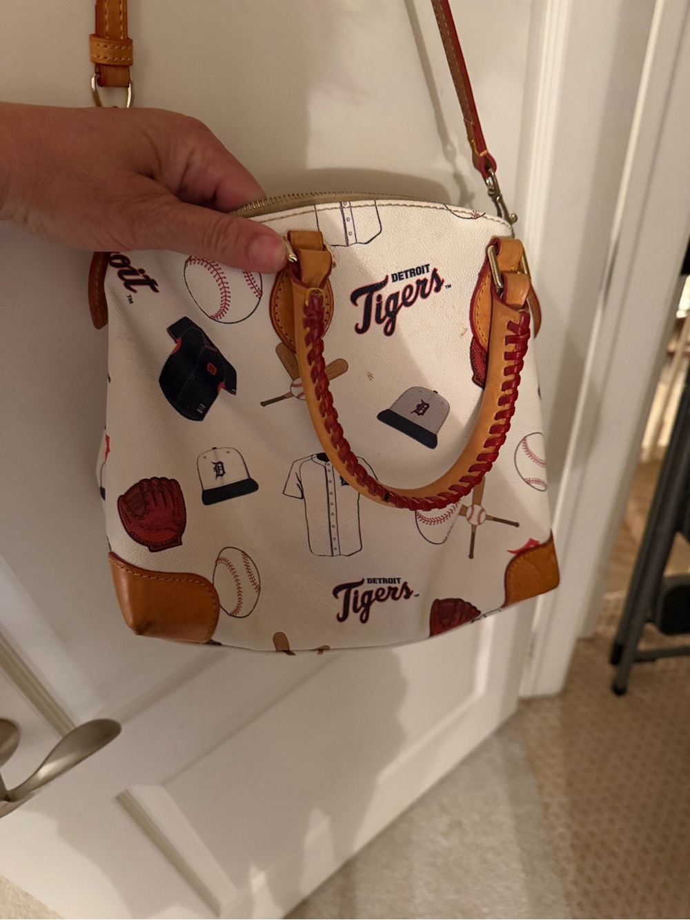 Dooney & Bourke White Baseball Print Crossbody with Tan Leather Trim - Picture 5 of 7